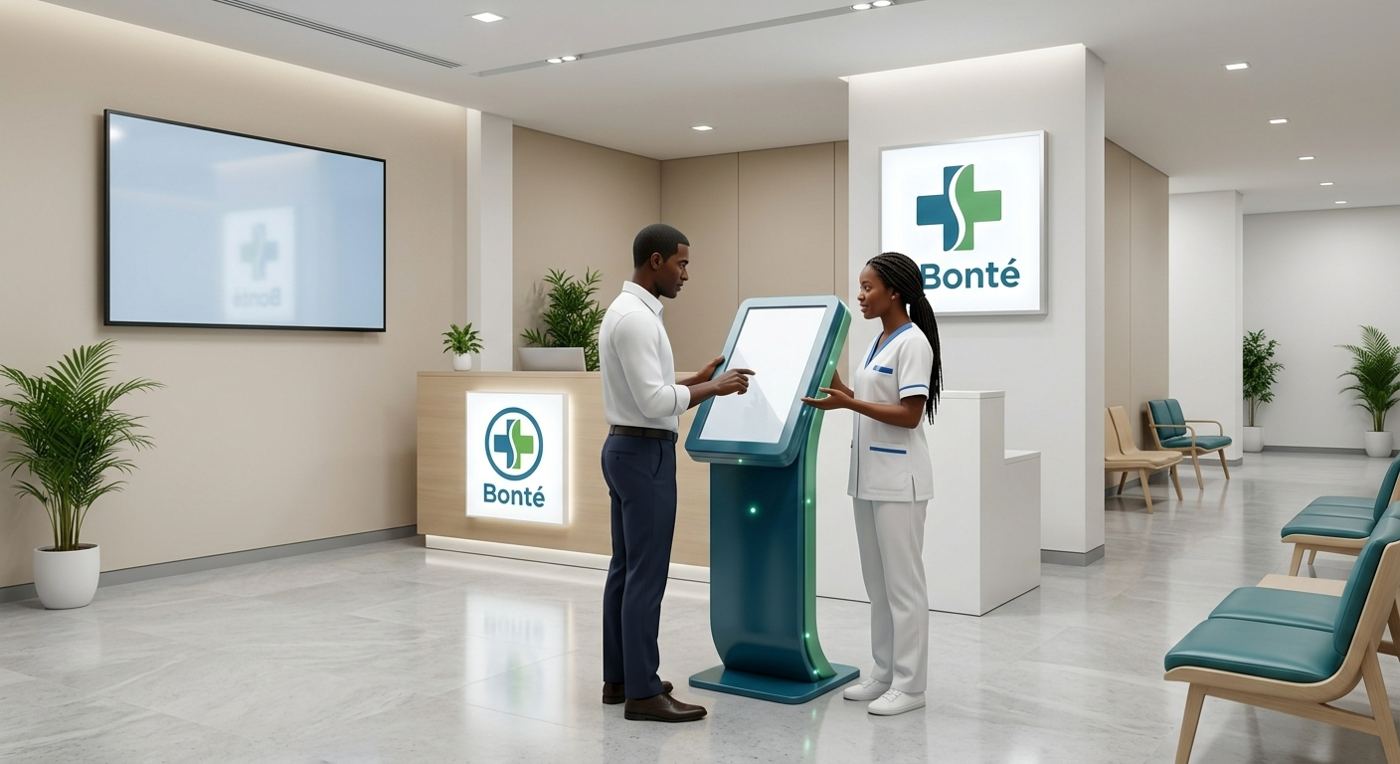 Agent d'accueil aidant un patient à la borne
