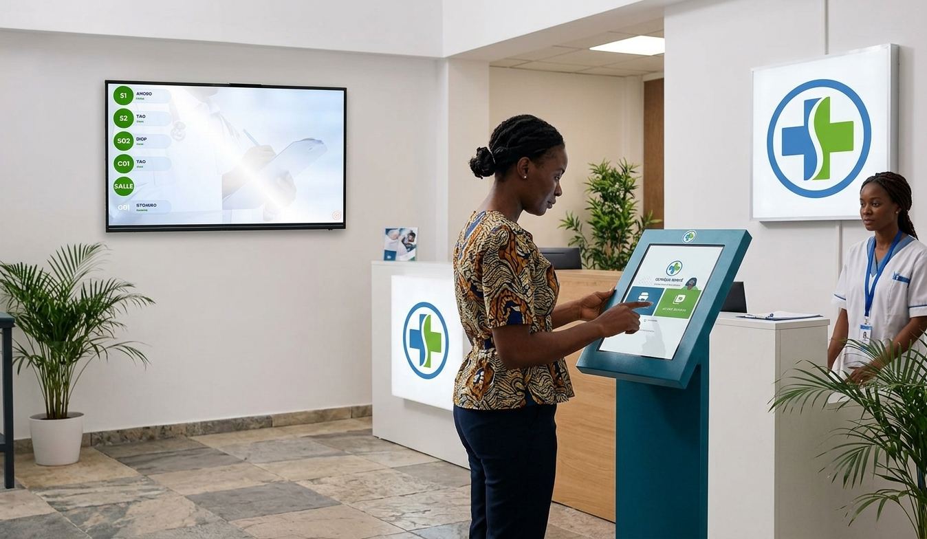 Patiente prenant son ticket à la borne d'accueil