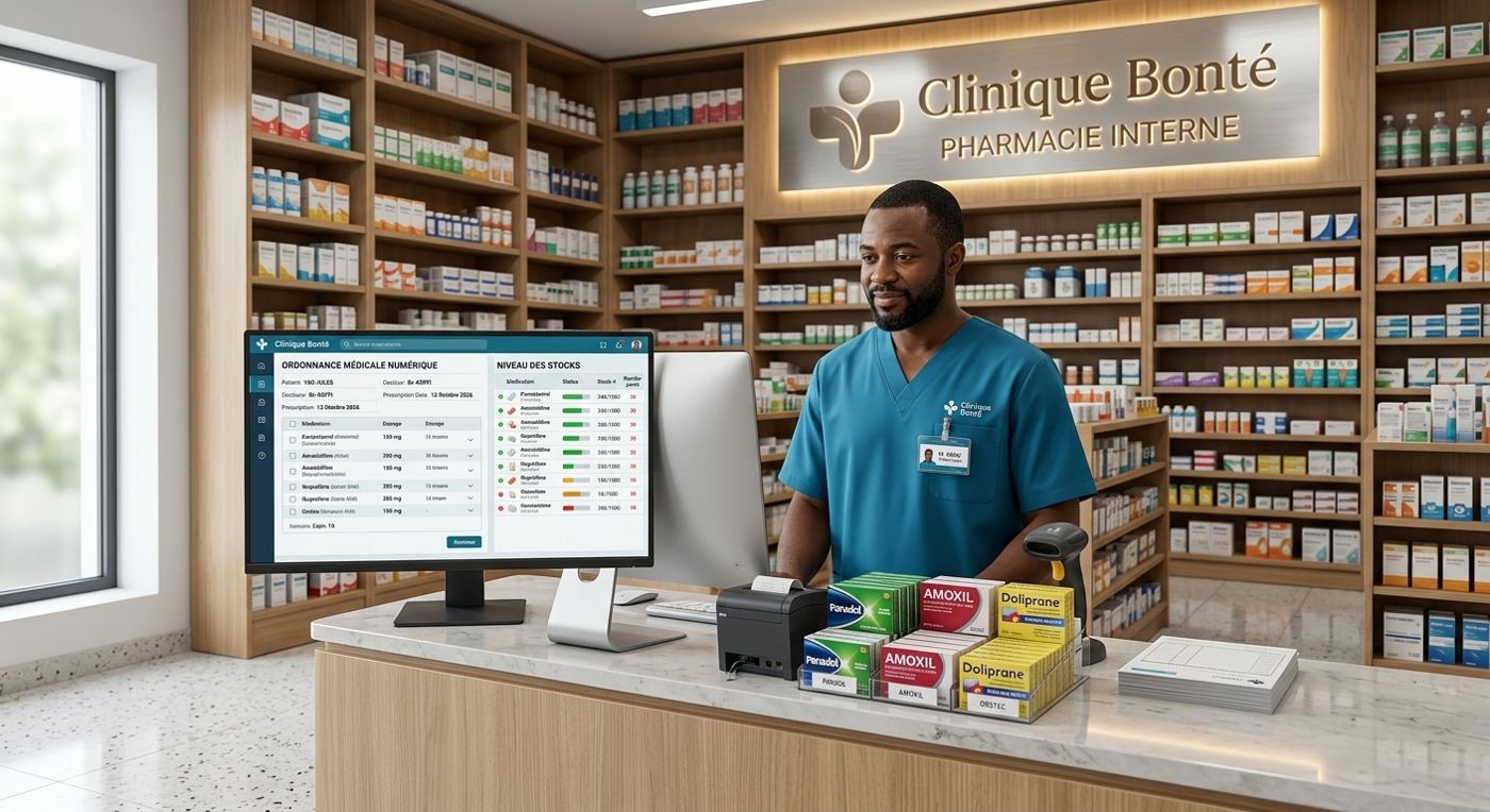 Pharmacien au comptoir de la pharmacie interne