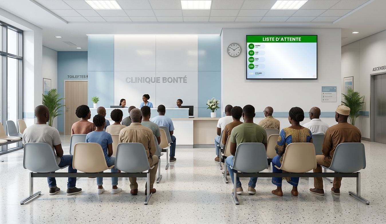 Salle d'attente avec écran de liste d'attente